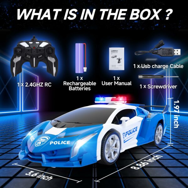 DEERC Transform Remote Control Car, 2.4GHz Robot RC Cars, 1:18 Scale Police Car Toy One-Button Deformation & 360° Rotating Drifting for Kids Boys Age 4-7 8-12